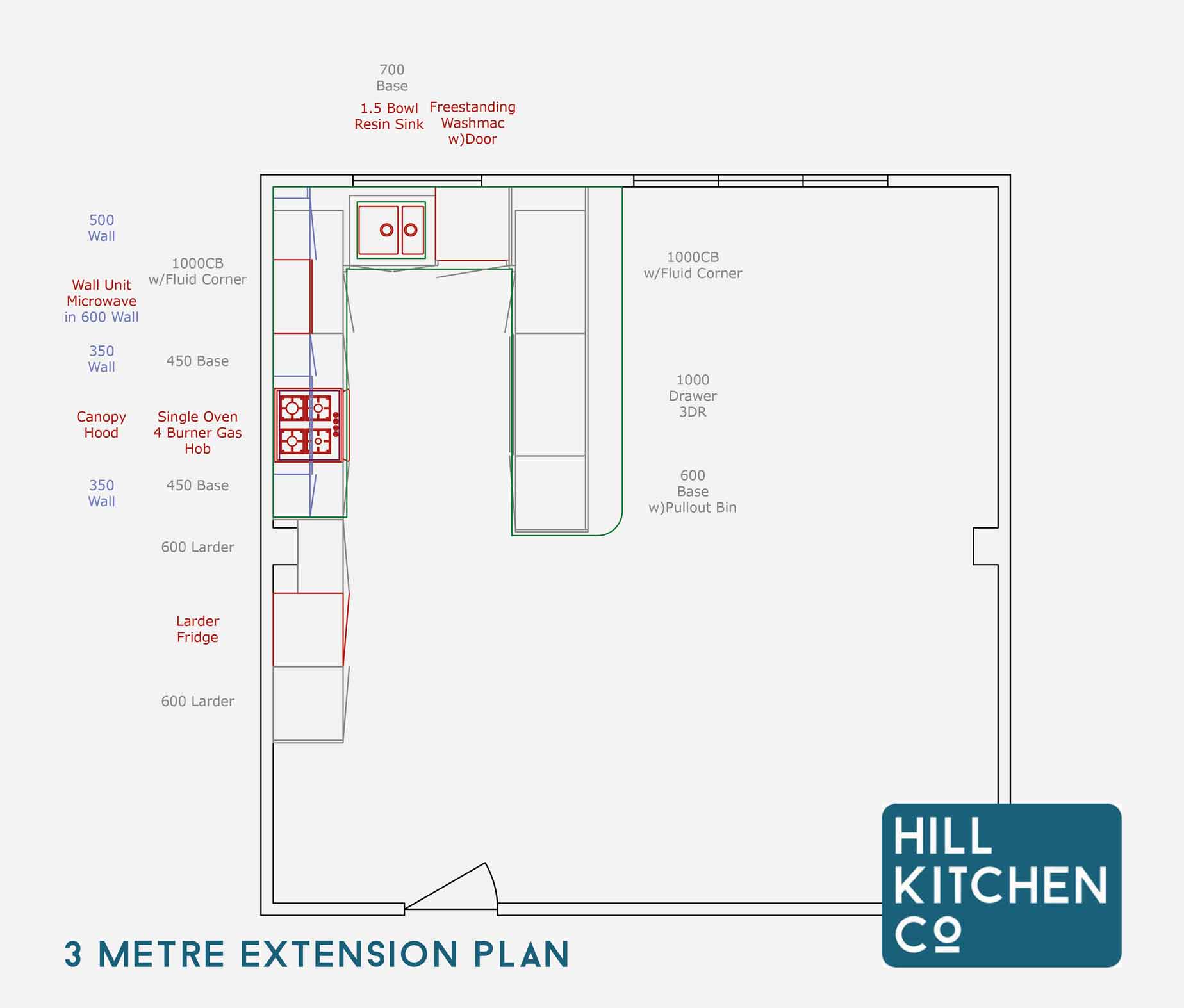 Plan view of 3 metre extension kitchen design
